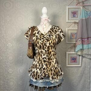 y2k silky cheetah print ruffle blouse top